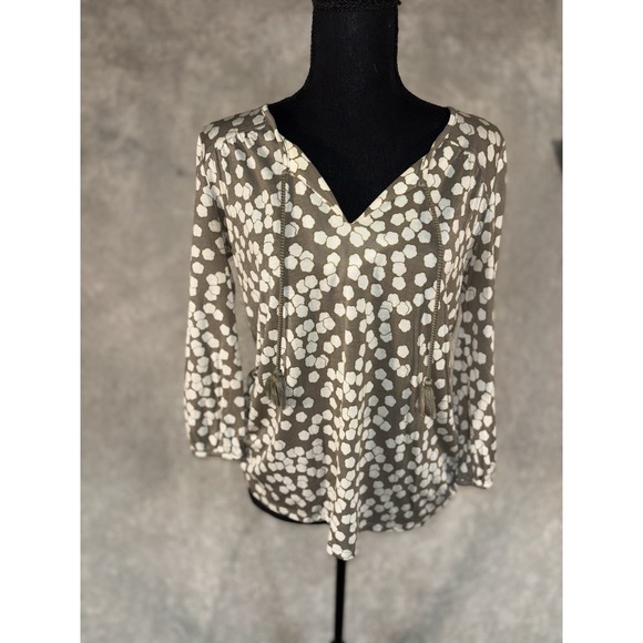 Boden Tops - boden lyocell wool blouse tan white print soft tassel peasant‎ sleeve